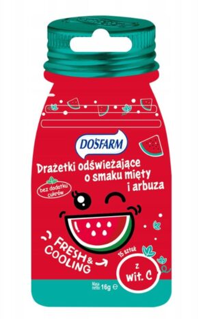DOSFARM Drażetki odświeżające bez cukru o smaku miętowo arbuzowym. Saszetka z zapięciem strunowym 16g