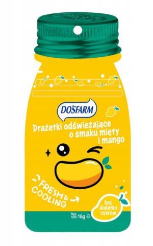 DOSFARM Drażetki odświeżające bez cukru o smaku mięta mango. Saszetka z zapięciem strunowym 16g