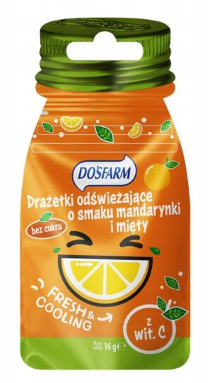 DOSFARM Drażetki odświeżające bez cukru o smaku mięta mandarynka. Saszetka z zapięciem strunowym 16g (k=15)