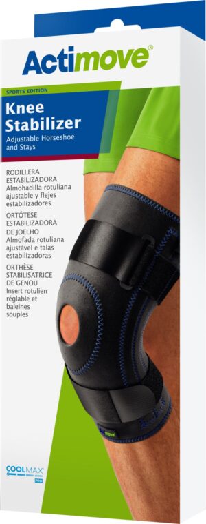 ACTIMOVE SE Orteza stawu kolanowego z regulowaną pelotą w kształcie podkowy stabilizującą rzepkę i fiszbinami rozm. L czarny